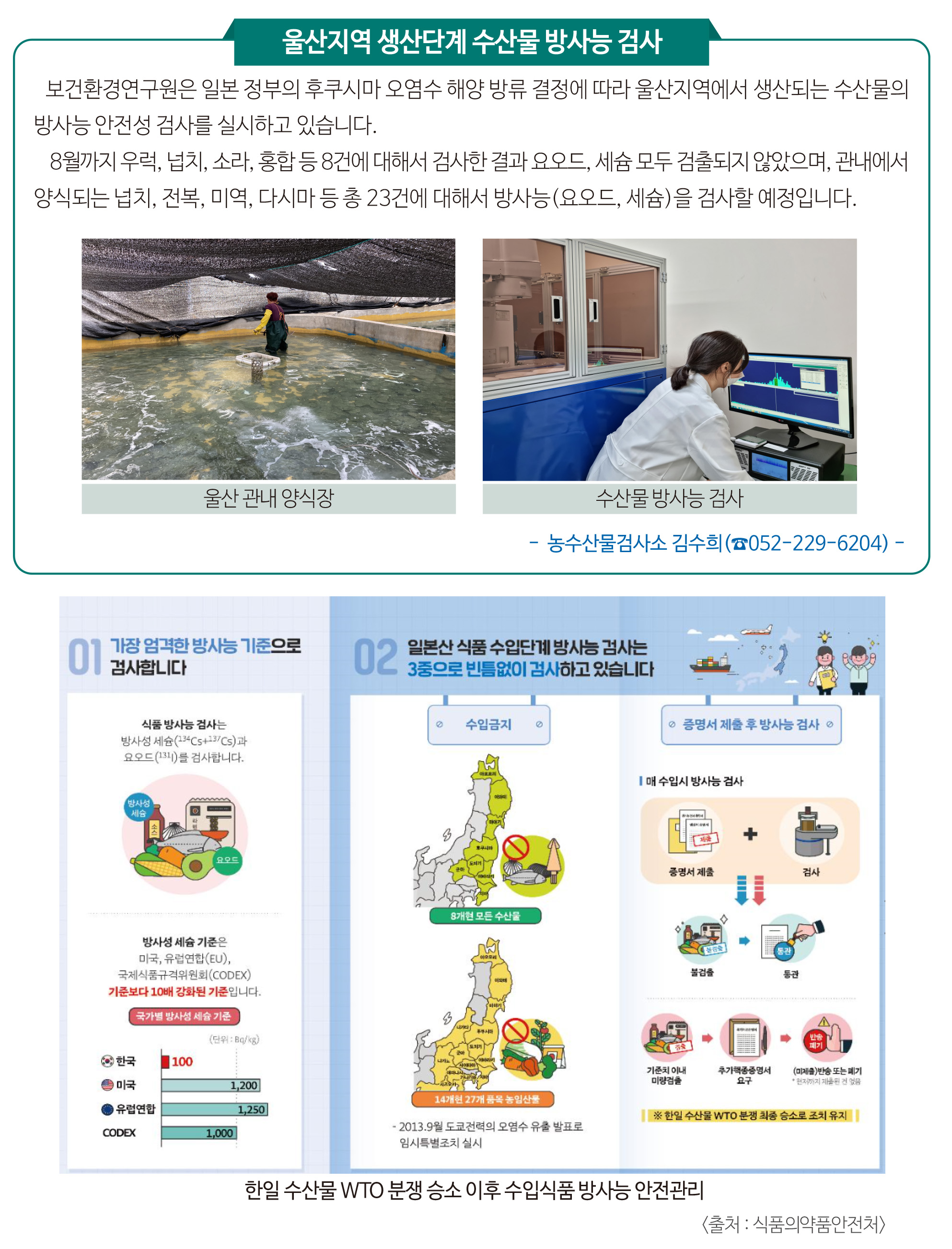 보건환경연구원은 일본 정부의 후쿠시마 오염수 해양 방류 결정에 따라 울산지역에서 생산되는 수산물의 방사능 안전성 검사를 실시하고 있습니다. 8월까지 우럭, 넙치, 소라, 홍합 등 8건에 대해서 검사한 결과 요오드, 세슘 모두 검출되지 않았으며, 관내에서 양식되는 넙치, 전복, 미역, 다시마 등 총 23건에 대해서 방사능(요오드, 세슘)을 검사할 예정입니다. 