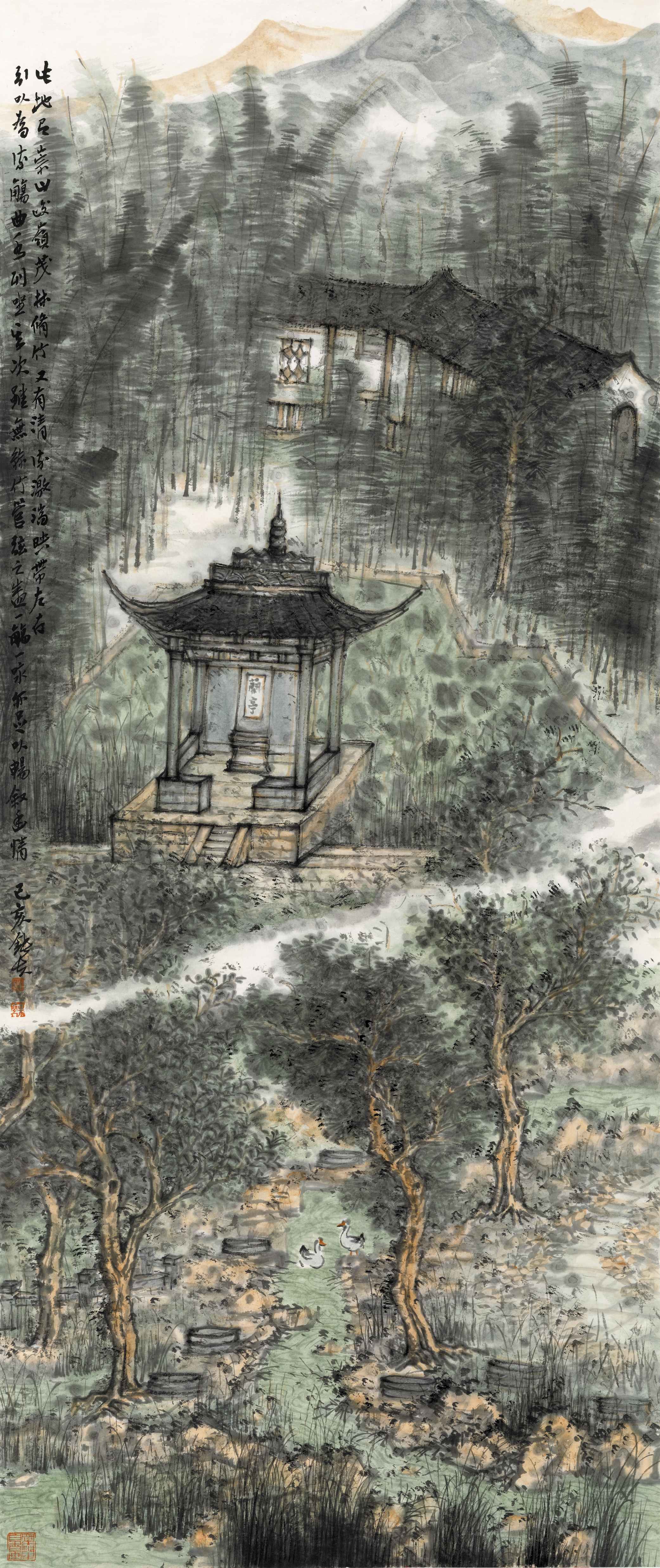 장제(张捷), <난정취미(兰亭翠微)>, 2019,  종이에 수묵담채, 131x55.5cm, 중국미술학원미술관 소장 