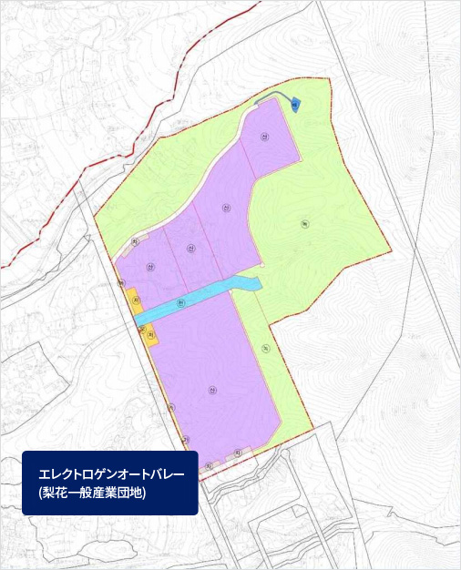 エレクトロゲンオートバレーの土地利用計画を視覚化した画像であり、詳細は以下のデータ表をご参照ください