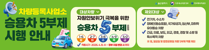 차량등록사업소 승용차 5부제 시행 안내
대상차량 
자원안보위기 극복을 위한
승용차 5부제 요일제
1.6 월 / 2.7 화 / 3.8 수 / 4.9 목 / 5.0 금
적용시기 : 2026.4.8.수 ~ 정부 지침 변경 시 까지
제외대상
- 전기차, 수소차
- 장애인(동승포함), 국가유공자, 임산부, 미취학유아동승 차량
- 긴급, 의료, 보도, 외교, 경호, 경찰 및 소방 등 특수목적 차량
※ 토, 일요일 및 법정공휴일 차량 5부제 적용 제외
울산광역시 / 기후에너지환경부 / 한국에너지공단
