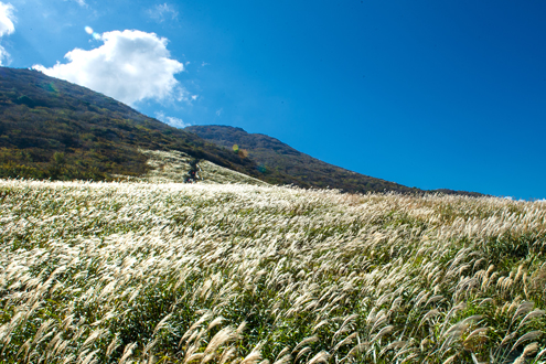 신불산의 공룡능선 넘어 보이는 마을