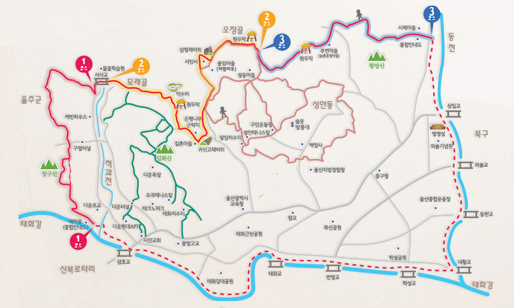 중구 둘레길 지도 (자세한 내용은 아래 코스안내를 참고하세요.)
