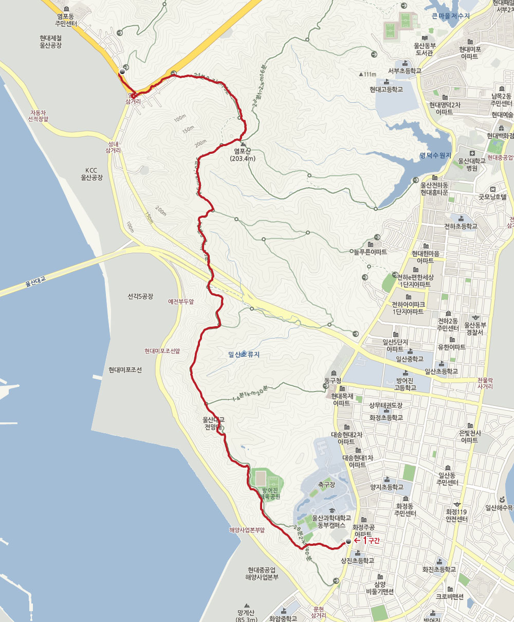 염포산 하늘길 지도 (자세한 내용은 아래 코스안내를 참고하세요.)