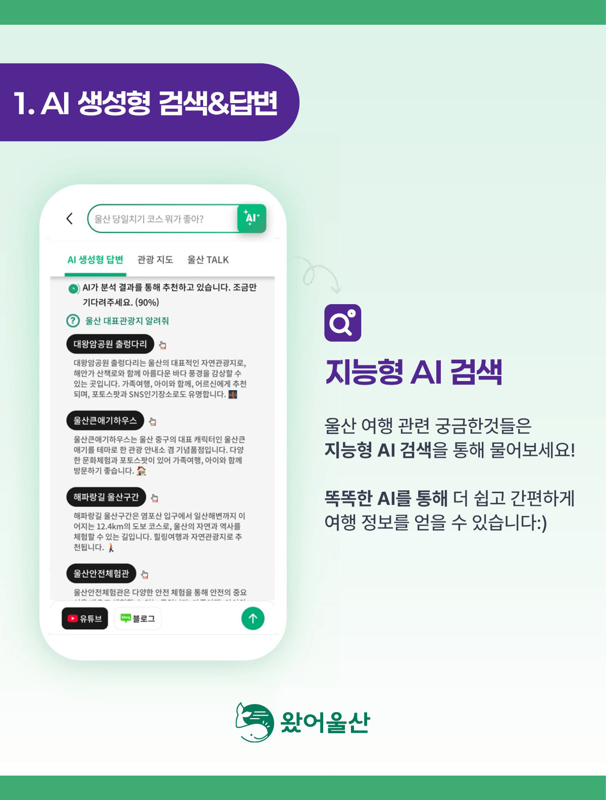 1.AI 생성형 검색&답변 지능형 AI 검색 : 울산 여행 관련 궁금한것들은 지능형 AI 검색을 통해 물어보세요! 똑똑한 AI를 통해 더 쉽고 간편하게 여행 정보를 얻을 수 있습니다. 왔어울산로고