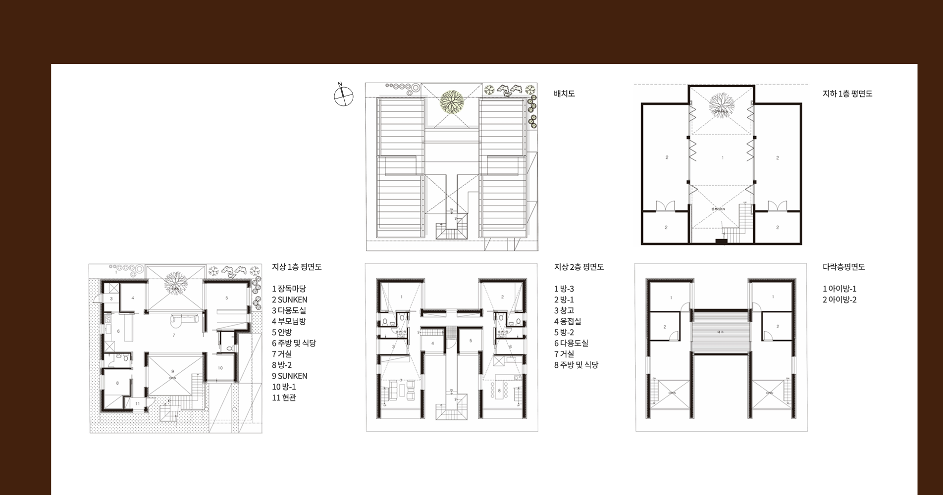 배치도, 지하1층평면도, 지상1층평면도, 지상2층 평면도, 다락층평면도