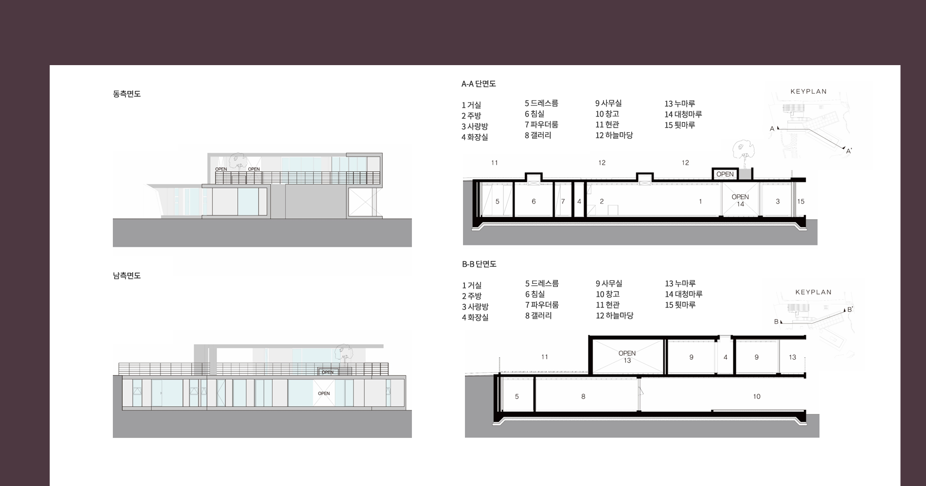 동측면도 A-A 단면도 1.거실 2.주방 3.사랑방 4.화장실 5.드레스룸 6.침실 7.파우더룸 8.갤러리 9.사무실 10.창고 11.현관 12.하늘마당 13.누마루 14.대청마루 15.툇마루, 남측면도 B-B 단면도 1.거실 2.주방 3.사랑방 4.화장실 5.드레스룸 6.침실 7.파우더룸 8.갤러리 9.사무실 10.창고 11.현관 12.하늘마당 13.누마루 14.대청마루 15.툇마루