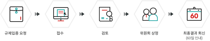 규제입증 요청 → 접수 → 검토 → 위원회 상정 → 최종결과 회신(60일 인내)