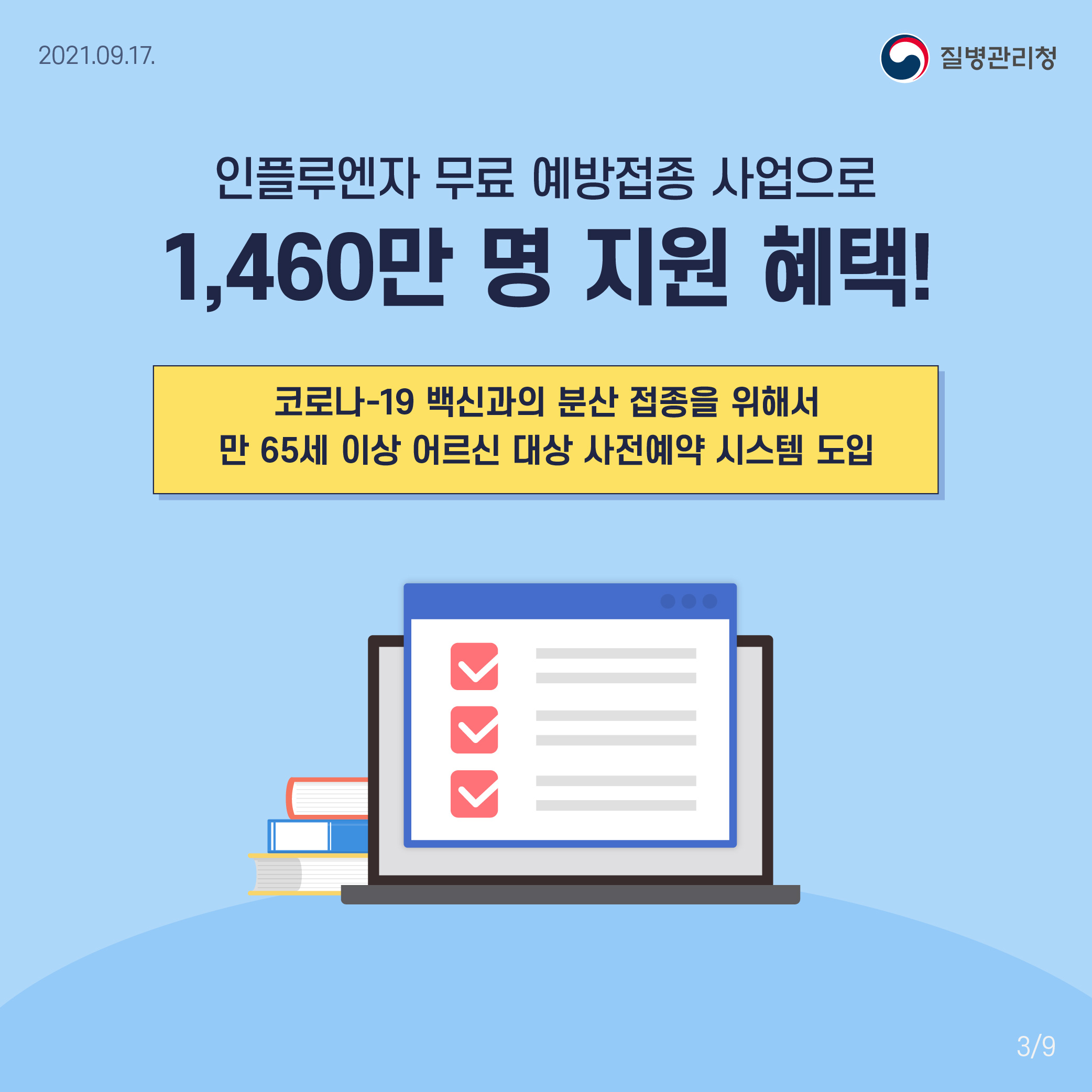 인플루엔자 무료 예방접종 사업으로 1,460만 명 지원 혜택! 코로나-19 백신과의 분산 접종을 위해서 만 65세 이상 어르신 대상 사전예약 시스템 도입