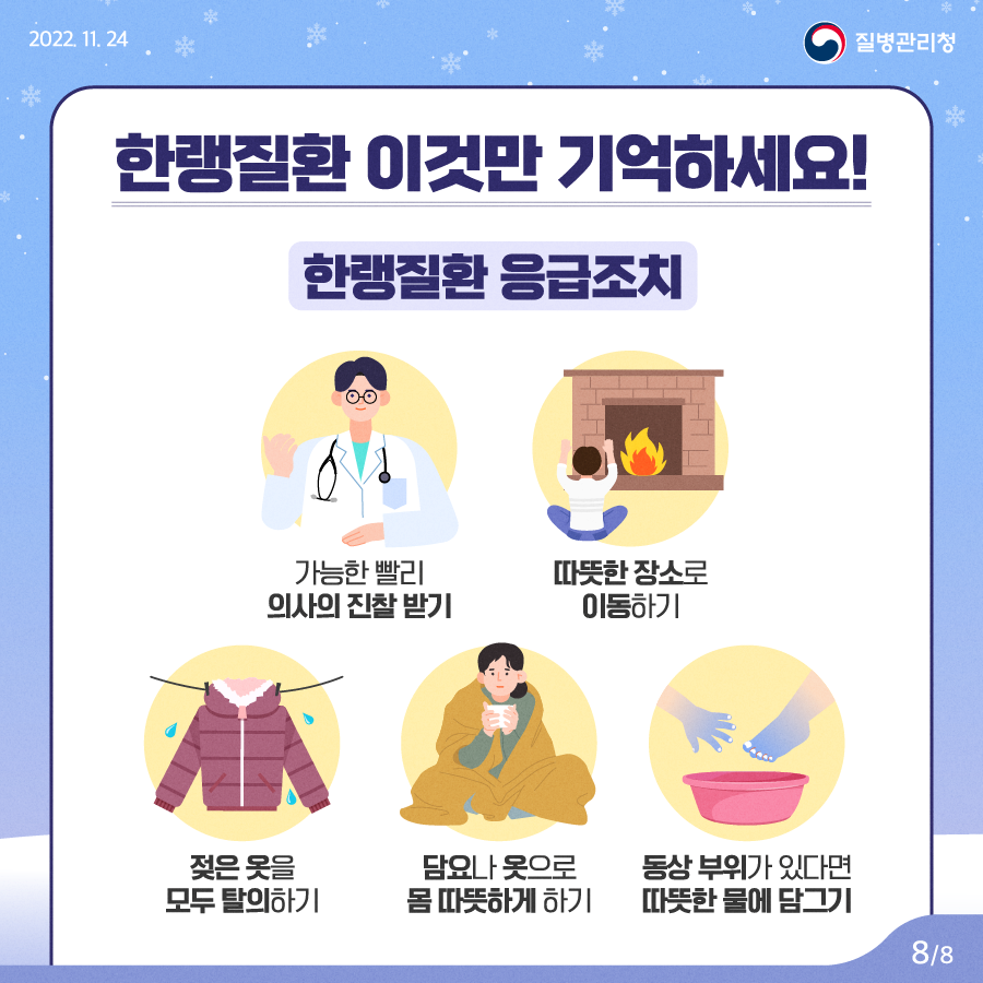 한랭질환 이것만 기억하세요! 한랭질환 응급조치 가능한 빨리 의사의 진찰 받기, 따뜻한 장소로 이동하기, 젖은 옷을 모두 탈의하기, 담요나 옷으로 몸 따뜻하게 하기, 동상 부위가 있다면 따뜻한 물에 담그기