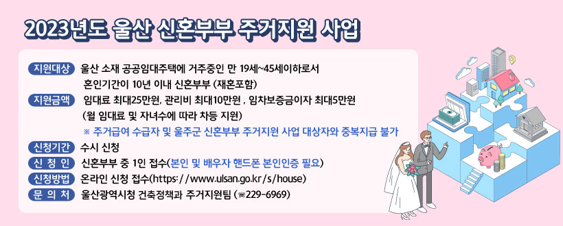 [2023년도 울산 신혼부부 주거지원 사업]
- 지원대상 : 울산 소재 공공임대주택에 거주중인 만 19세~45세이하로서 혼인기간이 10년 이내 신혼부부 (재혼포함)
- 지원금액  : 임대료 최대25만원, 관리비 최대10만원 , 임차보증금이자 최대5만원
              (월 임대료 및 자녀수에 따라 차등 지원)
    ※ 주거급여 수급자 및 울주군 신혼부부 주거지원 사업 대상자와 중복지급 불가
- 신청기간 : 수시 신청
- 신 청 인 : 신혼부부 중 1인 접수(본인 및 배우자 핸드폰 본인인증 필요)
- 신청방법 : 온라인 신청 접수(https://www.ulsan.go.kr/s/house)
- 문 의 처 : 울산광역시청 건축주택과 주거지원팀 (☏ 229-6969)