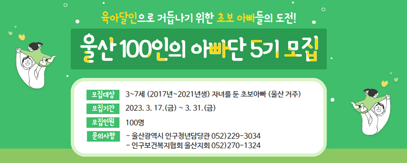 2023년 울산 100인의 아빠단(5기) 모집
모집대상 : 3~7세(‘17~‘21년생) 자녀를 둔 초보아빠(울산 거주)
모집기간 : 2023. 3. 17.(금) ~ 3. 31.(금)
모집인원 : 100명(선착순)
문 의 처 :   (시 인구청년담당관) ☎ 052) 229-3034,  (인구보건복지협회 울산지회) ☎052) 270-1324
