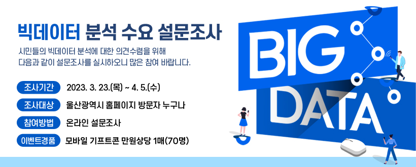 <빅데이터 분석 수요 설문조사>
 시민들의 빅데이터 분석에 대한 의견수렴을 위해 다음과 같이 설문조사를 실시하오니 많은 참여 바랍니다. 

∙조사기간 : 2023. 3. 23.(목) ~ 4. 5.(수)
∙조사대상 : 울산광역시 홈페이지 방문자 누구나
∙참여방법 : 온라인 설문조사
∙이벤트 경품: 모바일 기프트콘 1매(70명)