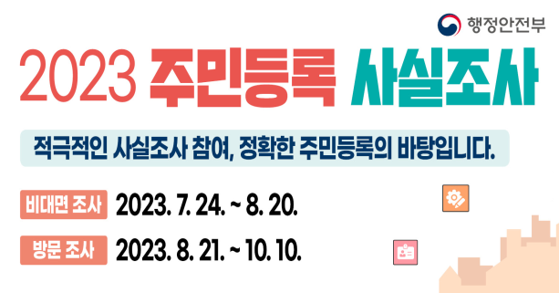 2023 주민등록 사실조사
적극적인 사실조사 참여, 정확한 주민등록의 바탕입니다.
비대면 조사 : 2023.7.24~8.20.
방문조사 : 2023.8.221.~10.10.