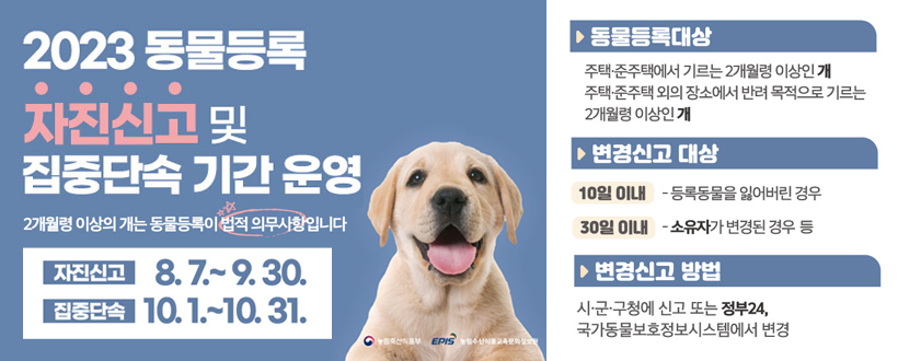 23년 동물등록 자진신고 및 집중단속 기간 운영
 1. 자진신고기간 : '23. 8. 7. ~ 9. 30.
 2. 집중단속기간 : '23. 10. 1. ~ 10. 31.
 3. 동물등록대상 : 주택, 준주택에서 기르는 2개월령 이상인 개/ 
 주택, 준주택 외의 장소에서 반려 목적으로 기르는 2개월령 이상인 개
 4. 변경신고 대상  
  - 10일 이내 : 등록동물을 읽어버린 경우
  - 30일 이내 : 소유자가 변경된 경우 등
 5. 변경신고 방법 : 구·군에 신고, 정부24 또는 국가동물보호정보시스템에서 변경