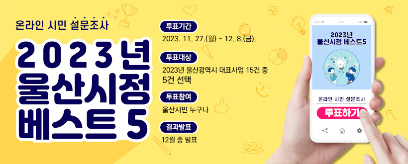「2023년 울산시정 베스트5」선정 온라인 시민 설문조사
  - 투표기간 : 2023.11.27. ~ 2023.12.8.
  - 투표대상 : 2023년 울산광역시 대표사업 15건 중 5건 선택
  - 투표참여 : 울산시민 누구나
  - 결과발표 : 12월중 발표