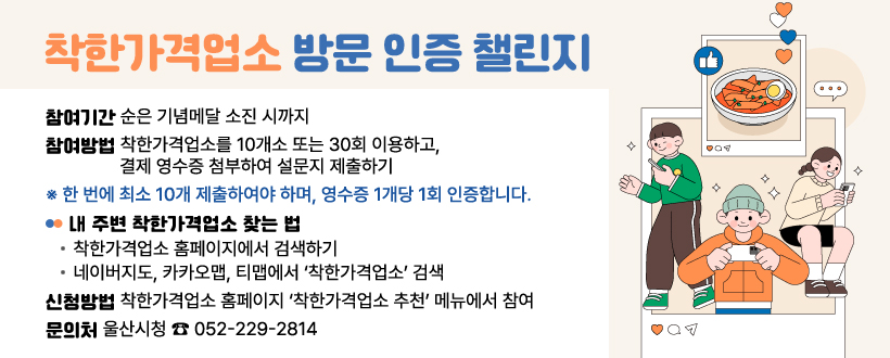 착한가격업소 방문 인증 챌린지

○ (참여기간) 순은 기념메달 소진 시까지 
 ○ (참여방법) 착한가격업소를 10개소 또는 30회 이용하고, 결제 영수증 첨부하여       설문지 제출하기
   ※ 한 번에 최소 10개 제출하여야 하며, 영수증 1개당 1회 인증합니다.  
 ○ 내 주변 착한가격업소 찾는 법 
   - 착한가격업소 홈페이지에서 검색하기
   - 네이버지도, 카카오맵, 티맵에서 ‘착한가격업소’ 검색
 ○ (신청방법) 착한가격업소 홈페이지 ‘착한가격업소 추천’ 메뉴에서 참여
 ○ (문 의 처) 울산시청 ☎ 052-229-2814 