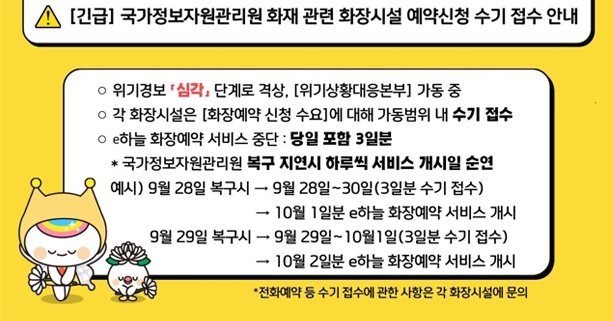 
[긴급] 국가정보자원관리원 화재 관련 화장시설 예약신청 수기 접수 안내
○ 위기경보 심각 단계로 격상, [위기상황대응본부] 가동 중
○ 각 화장시설은 [화장예약 신청 수요]에 대해 가동범위 내 수기 접수
○ e하늘 화장예약 서비스 중단 : 당일 포함 3일분
* 국가정보자원관리원 복구 지연시 하루씩 서비스 개시일 순연
예시 ) 9월 28일 복구시 → 9월 28일~30일(3일분 수기 접수)
                                → 10월 1일분 e하늘 화장예약 서비스 개시
*월 29일 복구시 → 9월 29일 ~ 10월1일(3일분 수기 접수)
 → 10월 2일분 e하늘 화장예약 서비스 개시
 * 전화예약 등 수기 접수에 관한 사항은 각 화장시설에 문의