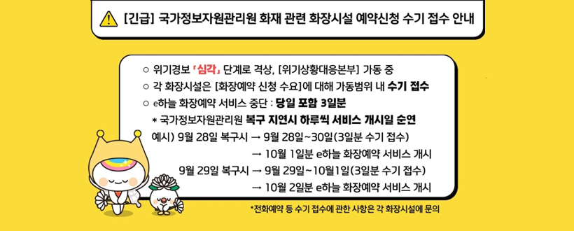 
[긴급] 국가정보자원관리원 화재 관련 화장시설 예약신청 수기 접수 안내 
∙ 위기경보 ‘심각’ 단계로 격상, [위기상황대응본부] 가동 중
∙ 각 화장시설은 [화장예약 신청 수요]에 대해 가동범위 내 수기 접수
∙ e하늘 화장예약 서비스 중단 : 당일포함 3일분
 * 국가정보자원관리원 복구 지연 시 하루씩 서비스 개시일 순연
예시)9월29일 복구 시 → 9월 29일 ~ 10월 1일(3일분 수기 접수)
                     →10월 2일분 e하늘 화장예약 서비스 개시
∙ 문의처 울산하늘공원(☎ 052-255-3800, 팩스 052-255-3809)