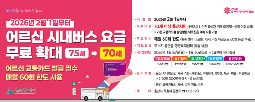 AI수도울산 산업수도울산 / 2028 울산국제정원박람회
2026년 2월 1일부터
어르신 시내버스 요금 무료 확대 75세 → 70세
어르신 교통가드 발급 필수 매월 60회 한도 사용
울산광역시
시행일 : 2026년 2월 1일부터
무료대상 : 70세 이상 울산시민(1956.2.1. 이전 출생자, 이후 출생자는 생일 이후 발급) ※ 기존 교통가드를 발급받은 어르신은 계속 사용 가능
무료횟수 : 매월 60회 한도 (환승 횟수 미포함, 75세 이상 어른신도 60회 동일 적용)
카드발급 : 주소지 읍면동 행정복지센터(직접 방문)
카드집중발급 : 2026년 1월 26일(월) ~ 1월 30일(금) ※ 2월 부터 상시 발급
1월 26일(월) 1951년생 / 1월 27일(화) 1952년생 / 1월 28일(수) 1953년생 / 1월 29일(목) 1954년생 / 1월 30일(금) 1955, 1956년생
유의사항 : 울산 시내버스만 사용 가능(시내버스, 직행좌석, 리무진, 지선·마을·마실버스) ※ 2100번, 2300번 등 타 시·도노선 제외
본인 교통카드만 사용, 타인 양도 금지
문의 : 울산시 해울이 콜센터 ☎ 052-120