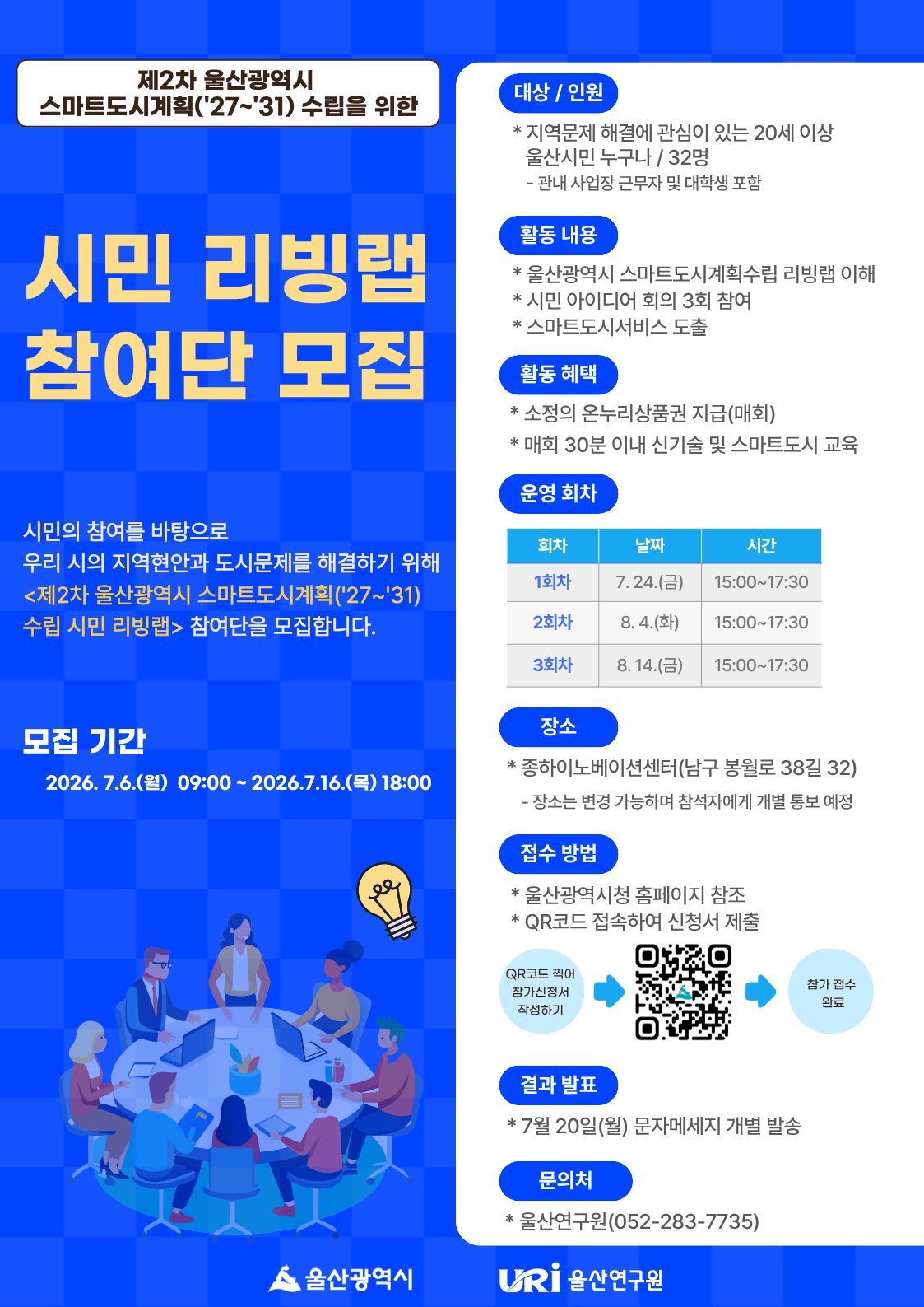  □ 모집대상 : 지역문제 해결에 관심이 있는 20세 이상 울산광역시민 누구나  ※ 관내 사업장 근무자 및 대학생 포함   □ 모집인원: 32명 내외   □ 모집기간: 2026. 7. 6.(월) 09:00 ~ 2026. 7. 16.(목) 18:00까지   □ 신청 방법: 온라인 접수(하단 QR코드)    □ 결과 발표: 2026. 7. 20.(월) ※문자 메시지 개별 발송