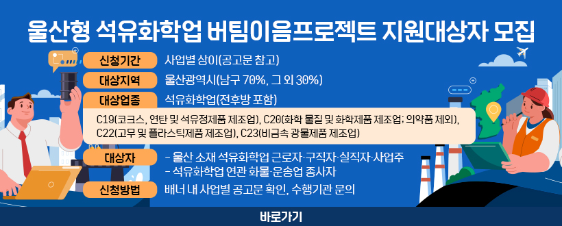 울산형 석유화학업 버팀이음프로젝트 지원대상자 모집
○ 신청기간 : 사업별 상이(공고문 참고)
 ○ 대상지역 : 울산광역시(남구 70%, 그 외 30%)
 ○ 대상업종 : 석유화학업(전후방 포함)

C19(코크스, 연탄 및 석유정제품 제조업), C20(화학 물질 및 화학제품 제조업; 의약품 제외), C22(고무 및 플라스틱제품 제조업), C23(비금속 광물제품 제조업)

 ○ 대상자
   - 울산 소재 석유화학업 근로자·구직자·실직자·사업주
   - 석유화학업 연관 화물․운송업 종사자
 ○ 신청방법 : 배너 내 사업별 공고문 확인, 수행기관 문의